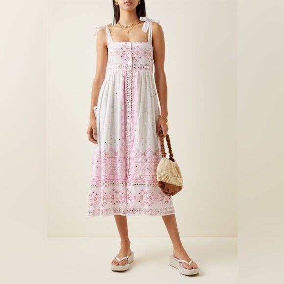 JULIET‎ DUNN Cotton Tie Shoulder Midi Dress Pink Rose Mosaic Border Print Size 3 - Picture 1 of 16